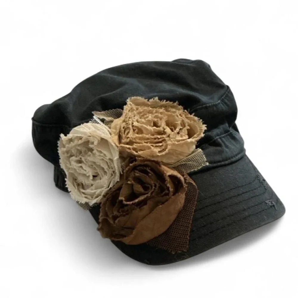Olive & Pique Cadet Hat Womens OS Black Distressed Floral Rosette Cap